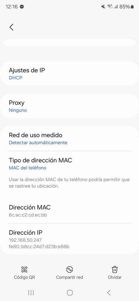 Detalles de MAC y dirección IP en el Samsung