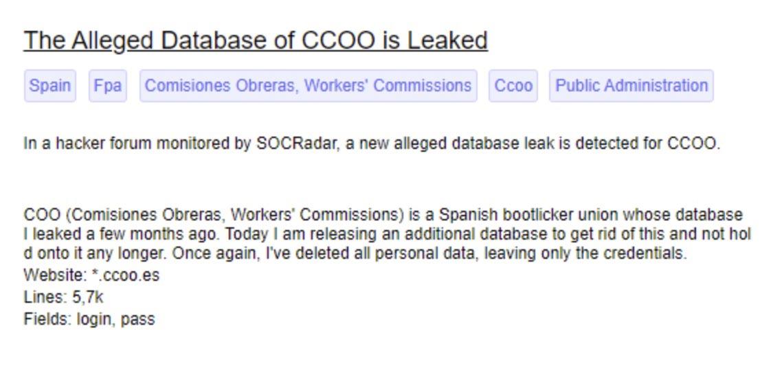 Base de datos de CCOO filtrada
